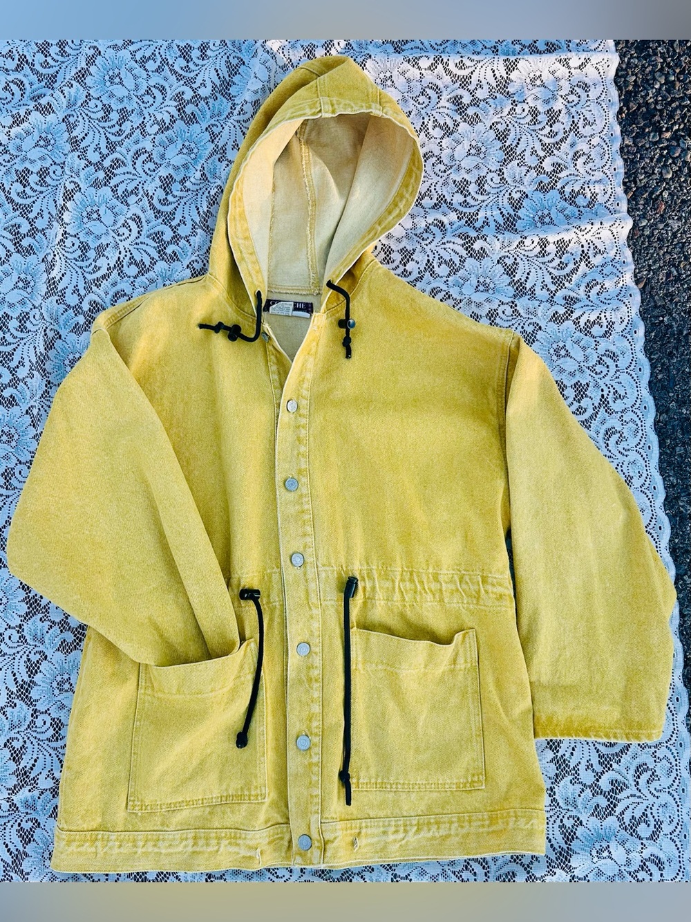 Vintage Corniche Yellow Hooded Denim Jacket Oversized Utility Chore Coat Size S